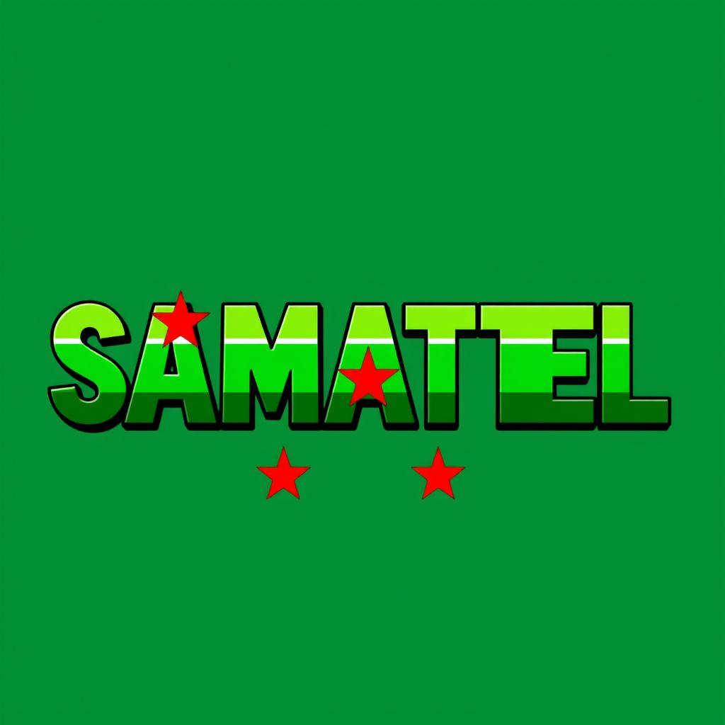The word 'SAMATEL' stylized and colored with vibrant shades of green, representing the Syrian Liberty flag, adorned with three striking red stars incorporated into the design