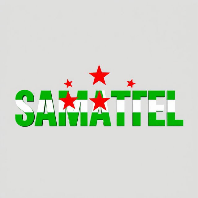 The word 'SAMATEL' stylized and colored with vibrant shades of green, representing the Syrian Liberty flag, adorned with three striking red stars incorporated into the design