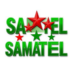 The word 'SAMATEL' stylized and colored with vibrant shades of green, representing the Syrian Liberty flag, adorned with three striking red stars incorporated into the design
