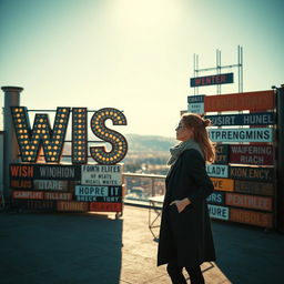 A cinematic daylight shot featuring a woman standing in front of a giant wish wall, constructed from a variety of light signs made of different materials and displaying an array of font styles