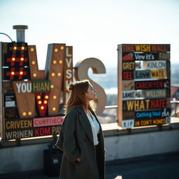 A cinematic daylight shot featuring a woman standing in front of a giant wish wall, constructed from a variety of light signs made of different materials and displaying an array of font styles