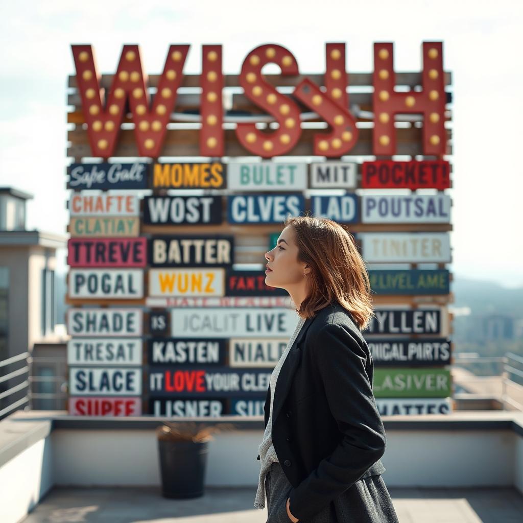A cinematic daylight shot featuring a woman standing in front of a giant wish wall, constructed from a variety of light signs made of different materials and displaying an array of font styles