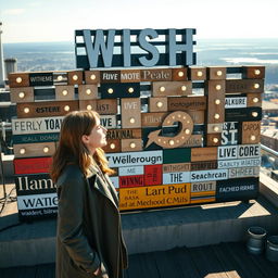 A cinematic daylight shot featuring a woman standing in front of a giant wish wall, constructed from a variety of light signs made of different materials and displaying an array of font styles