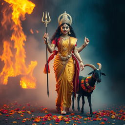 A powerful image of Goddess Durga walking gracefully in a smoky environment