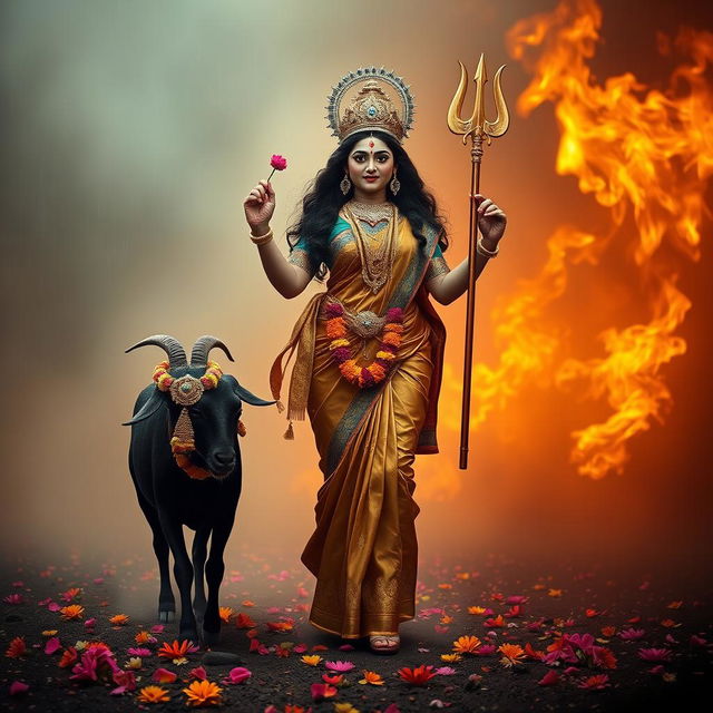 A powerful image of Goddess Durga walking gracefully in a smoky environment