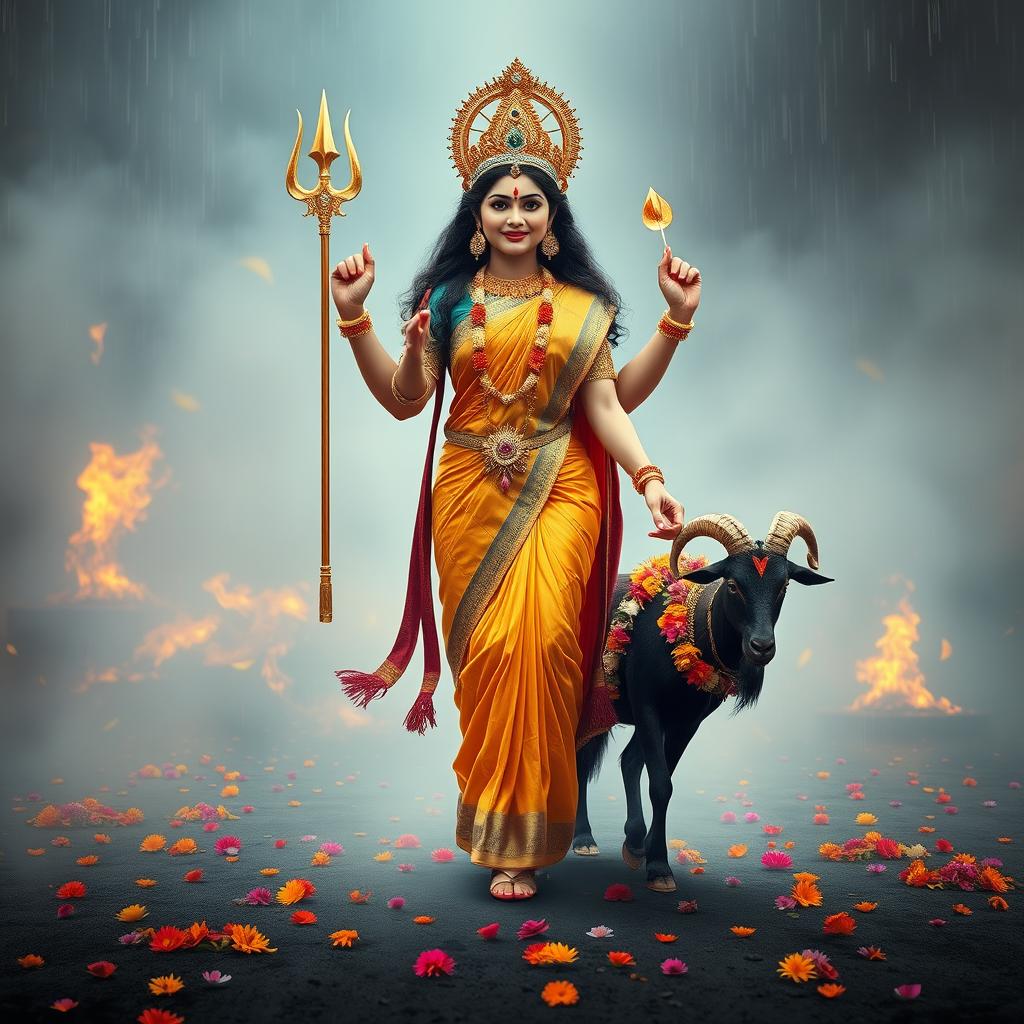A powerful image of Goddess Durga walking gracefully in a smoky environment