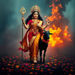 A powerful image of Goddess Durga walking gracefully in a smoky environment