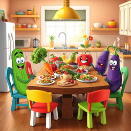 A vibrant kitchen scene featuring a cheerful atmosphere