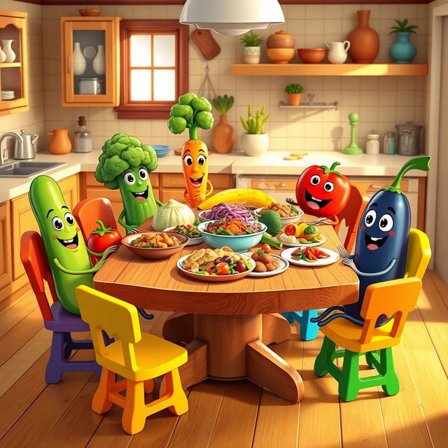 A vibrant kitchen scene featuring a cheerful atmosphere