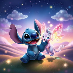 A whimsical scene featuring Stitch, the lovable character from Lilo & Stitch, joyfully interacting with a sparkling, magical creature named 'Khadija'