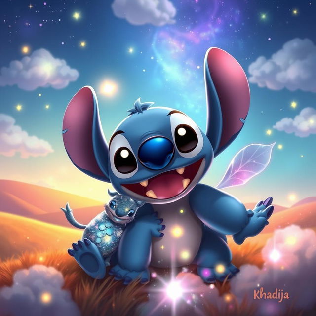 A whimsical scene featuring Stitch, the lovable character from Lilo & Stitch, joyfully interacting with a sparkling, magical creature named 'Khadija'