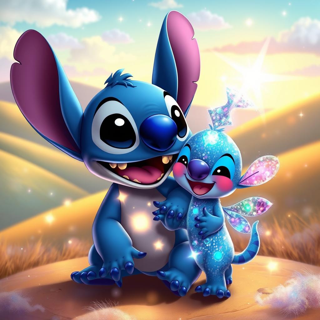 A whimsical scene featuring Stitch, the lovable character from Lilo & Stitch, joyfully interacting with a sparkling, magical creature named 'Khadija'