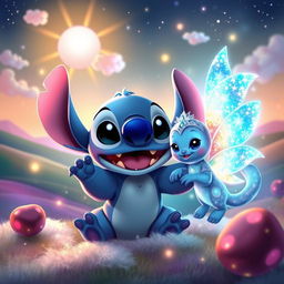 A whimsical scene featuring Stitch, the lovable character from Lilo & Stitch, joyfully interacting with a sparkling, magical creature named 'Khadija'