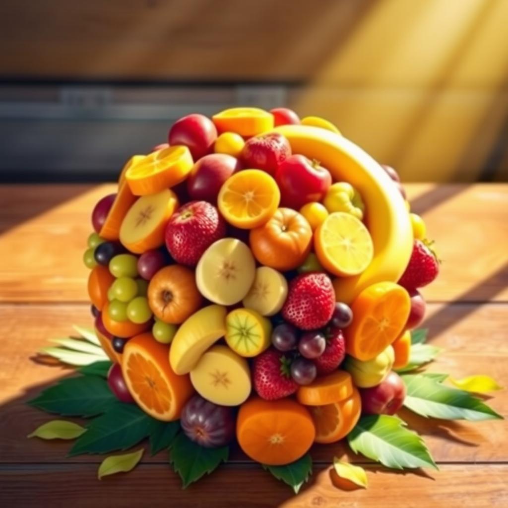 A vibrant and colorful artistic interpretation of a fruit ball created by carefully arranging various fruits such as oranges, apples, bananas, grapes, and strawberries into a round shape