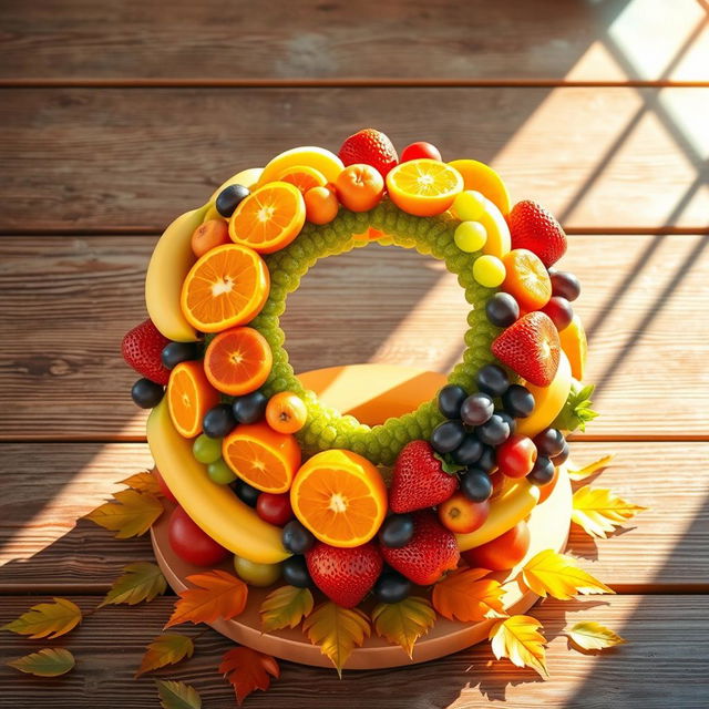 A vibrant and colorful artistic interpretation of a fruit ball created by carefully arranging various fruits such as oranges, apples, bananas, grapes, and strawberries into a round shape