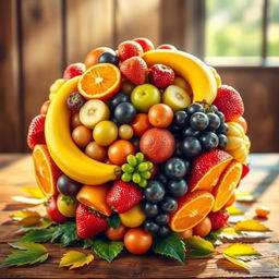 A vibrant and colorful artistic interpretation of a fruit ball created by carefully arranging various fruits such as oranges, apples, bananas, grapes, and strawberries into a round shape