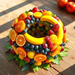 A vibrant and colorful artistic interpretation of a fruit ball created by carefully arranging various fruits such as oranges, apples, bananas, grapes, and strawberries into a round shape