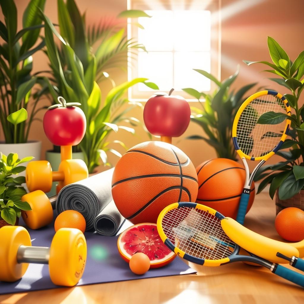 A creative scene featuring a variety of sports equipment inspired by fruits