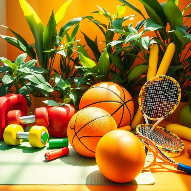 A creative scene featuring a variety of sports equipment inspired by fruits