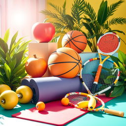 A creative scene featuring a variety of sports equipment inspired by fruits