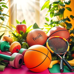 A creative scene featuring a variety of sports equipment inspired by fruits