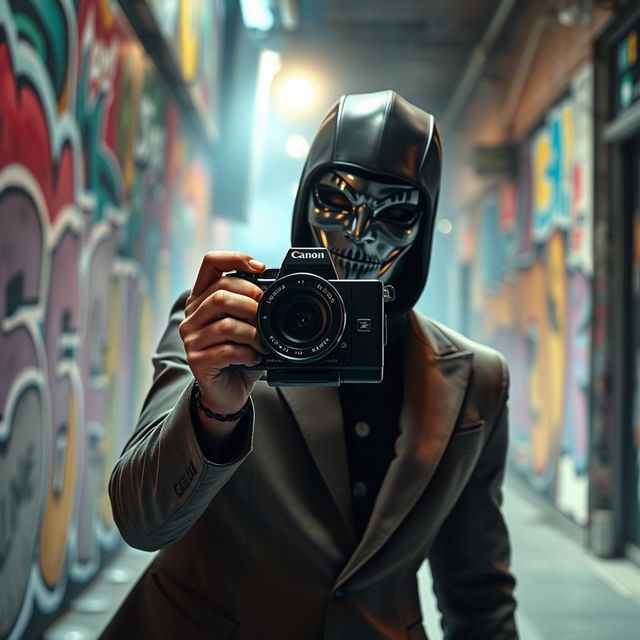 A dramatic scene featuring a masked person holding a camera, capturing a dynamic advertisement shoot