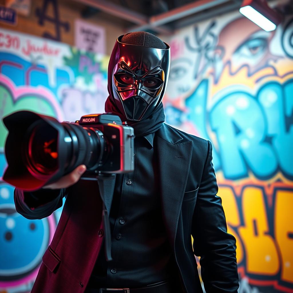 A dramatic scene featuring a masked person holding a camera, capturing a dynamic advertisement shoot