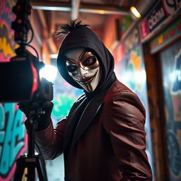 A dramatic scene featuring a masked person holding a camera, capturing a dynamic advertisement shoot