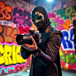 A dramatic scene featuring a masked person holding a camera, capturing a dynamic advertisement shoot