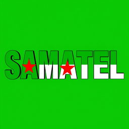 The word "SAMATEL" creatively styled and colored using the green shades of the Syrian liberty flag, prominently featuring three red stars incorporated into the design