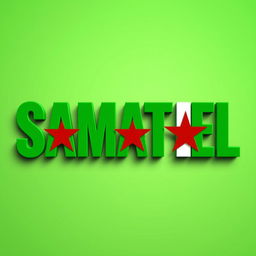 The word "SAMATEL" creatively styled and colored using the green shades of the Syrian liberty flag, prominently featuring three red stars incorporated into the design