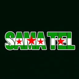 The word "SAMATEL" creatively styled and colored using the green shades of the Syrian liberty flag, prominently featuring three red stars incorporated into the design