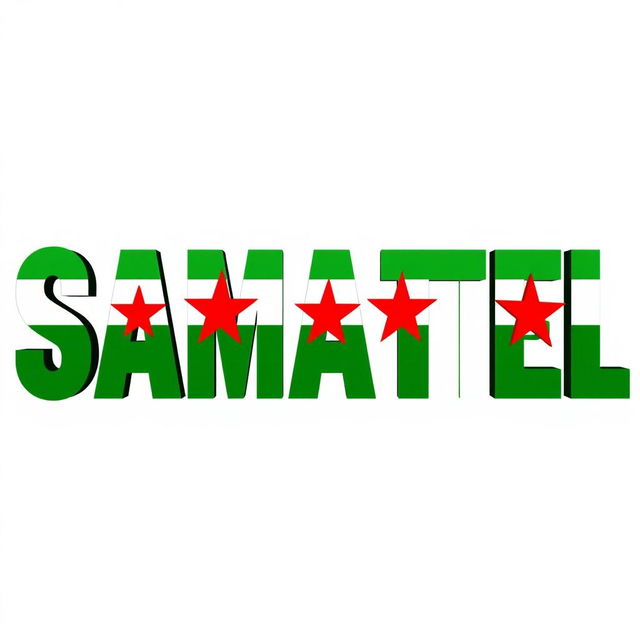 The word "SAMATEL" creatively styled and colored using the green shades of the Syrian liberty flag, prominently featuring three red stars incorporated into the design