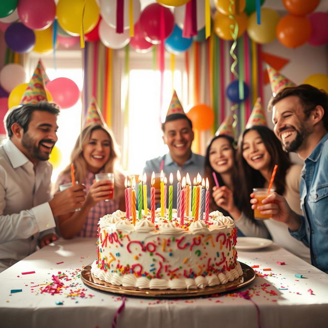 A cheerful birthday scene featuring a beautifully decorated table with a vibrant birthday cake adorned with colorful candles