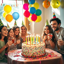 A cheerful birthday scene featuring a beautifully decorated table with a vibrant birthday cake adorned with colorful candles