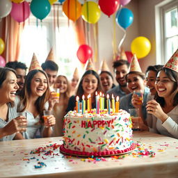 A cheerful birthday scene featuring a beautifully decorated table with a vibrant birthday cake adorned with colorful candles