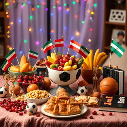 A beautifully arranged Yalda night table set up with a sports theme