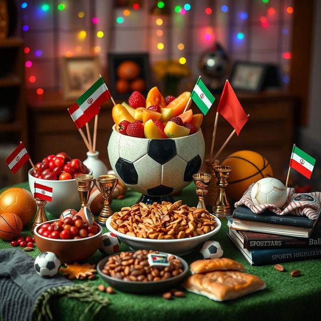 A beautifully arranged Yalda night table set up with a sports theme