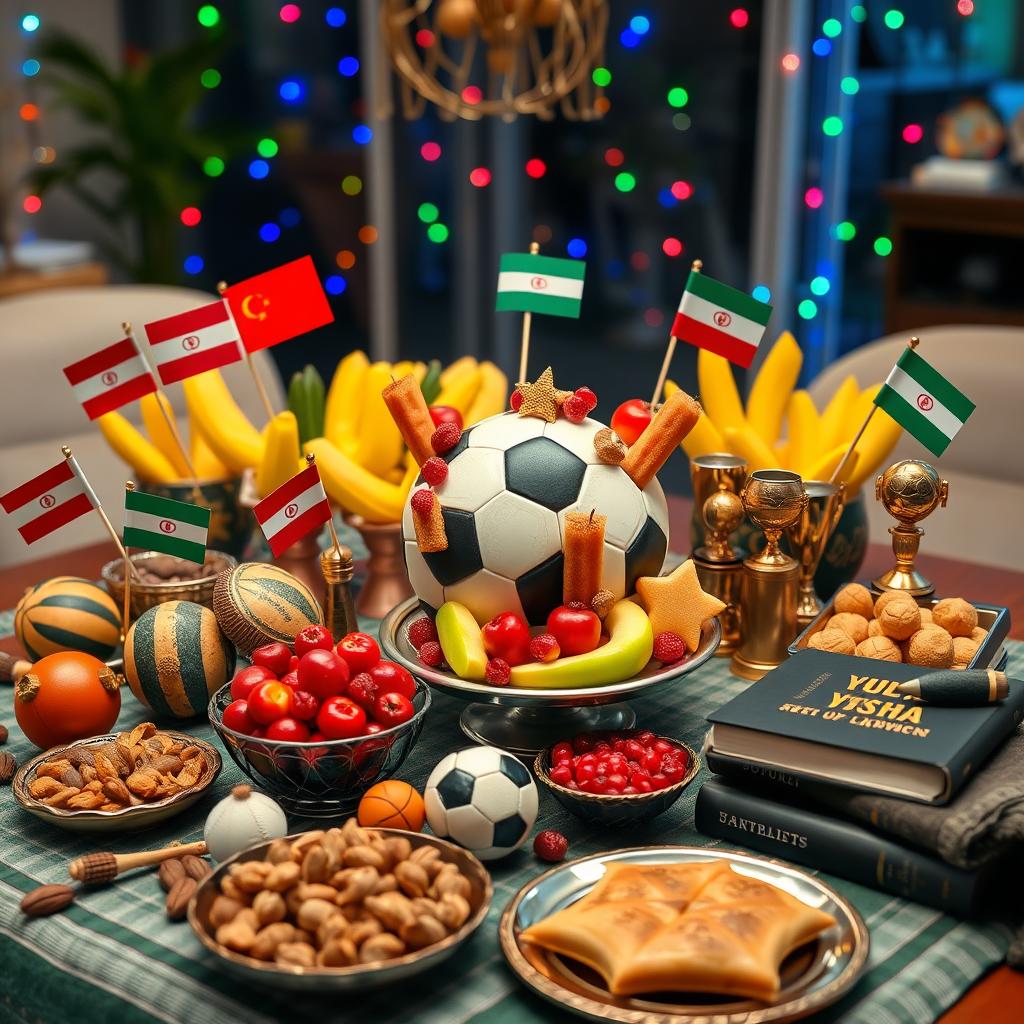 A beautifully arranged Yalda night table set up with a sports theme