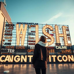 A cinematic shot featuring a woman standing in front of a giant wish wall, constructed from a diverse array of light signs made of various materials and showcasing different font styles