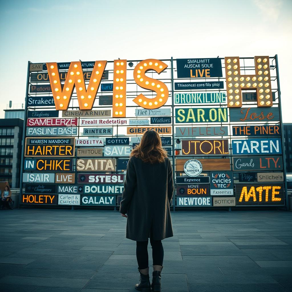 A cinematic shot featuring a woman standing in front of a giant wish wall, constructed from a diverse array of light signs made of various materials and showcasing different font styles