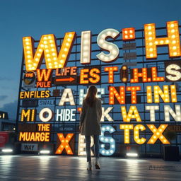 A cinematic shot featuring a woman standing in front of a giant wish wall, constructed from a diverse array of light signs made of various materials and showcasing different font styles