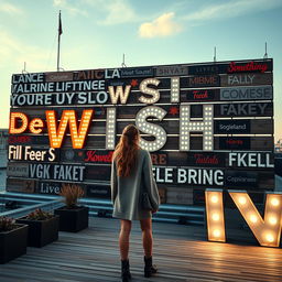 A cinematic shot featuring a woman standing in front of a giant wish wall, constructed from a diverse array of light signs made of various materials and showcasing different font styles