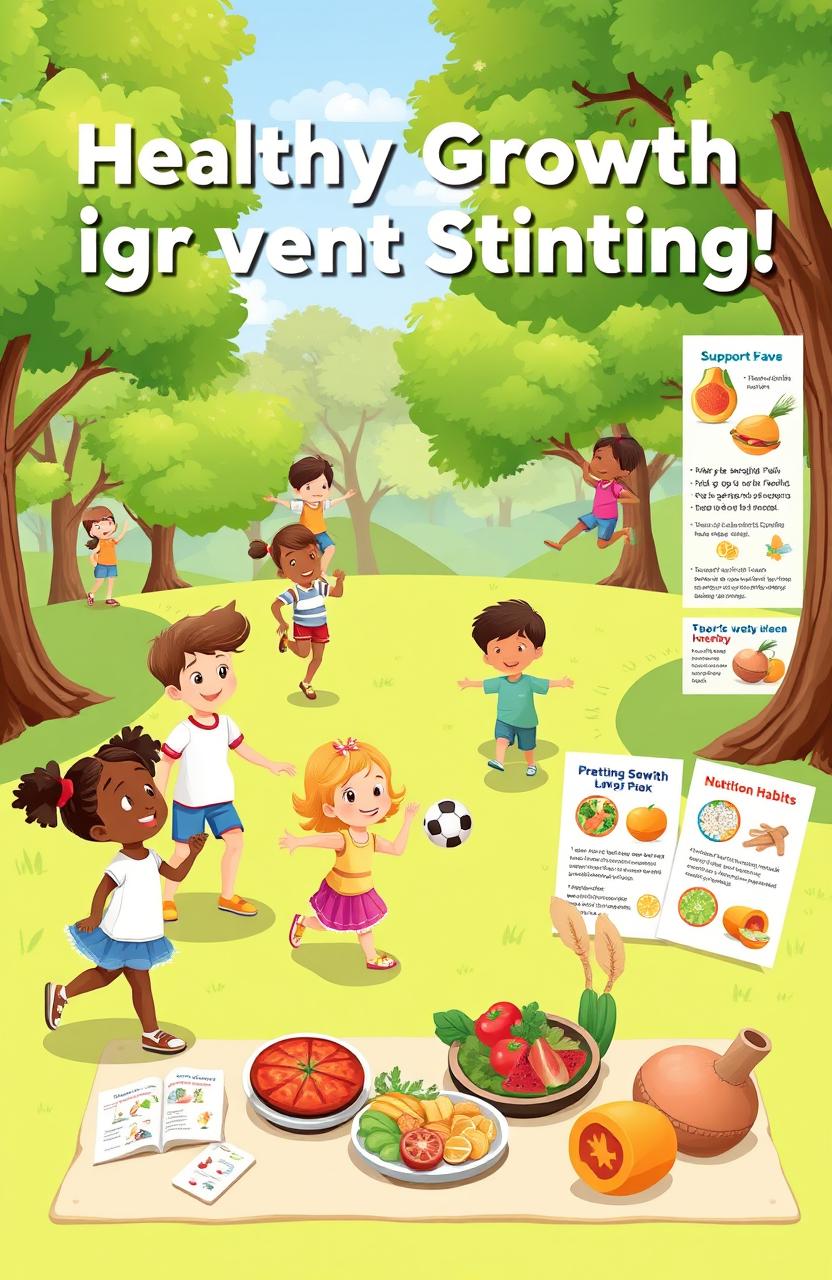 A vibrant and informative illustration promoting healthy growth in children to prevent stunting