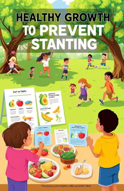 A vibrant and informative illustration promoting healthy growth in children to prevent stunting