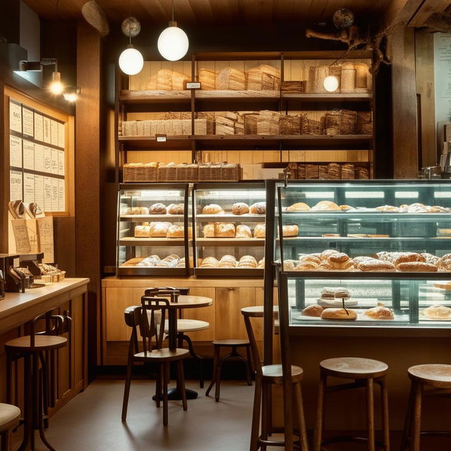 A modern Parisian style interior of a bakery cafe, well-lit and elegantly decorated with rustic furniture, pastries displayed in glass cases, and coffee brewing equipment.