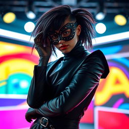 A striking advertisement scene featuring a masked model posing confidently