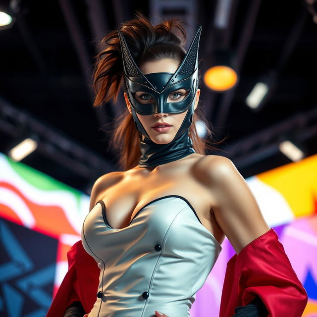 A striking advertisement scene featuring a masked model posing confidently