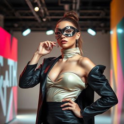 A striking advertisement scene featuring a masked model posing confidently