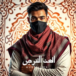 A male model with an Arabic-style scarf and a mask, posing confidently for an advertisement